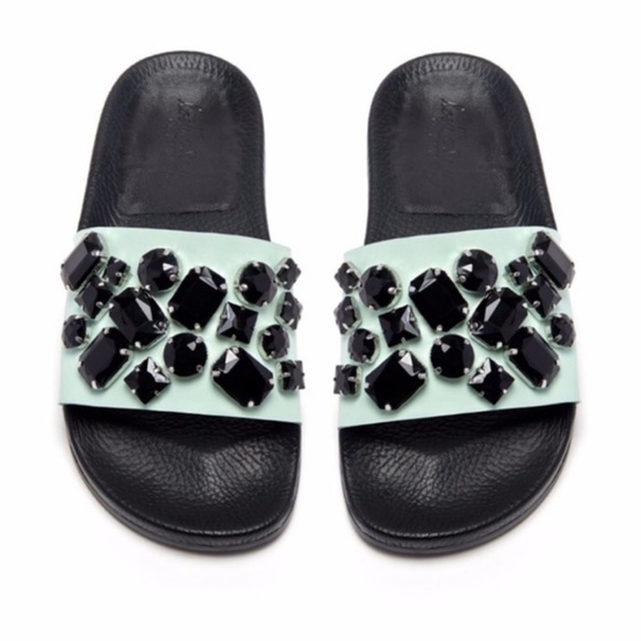 Randall Loeffler Mint & Black Jeweled Slides - Picture 1 of 3